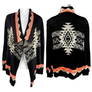 Southwest Aztec Open Cardigan Cotton Sweater Sz S Black Beige Orange Tribal Boho